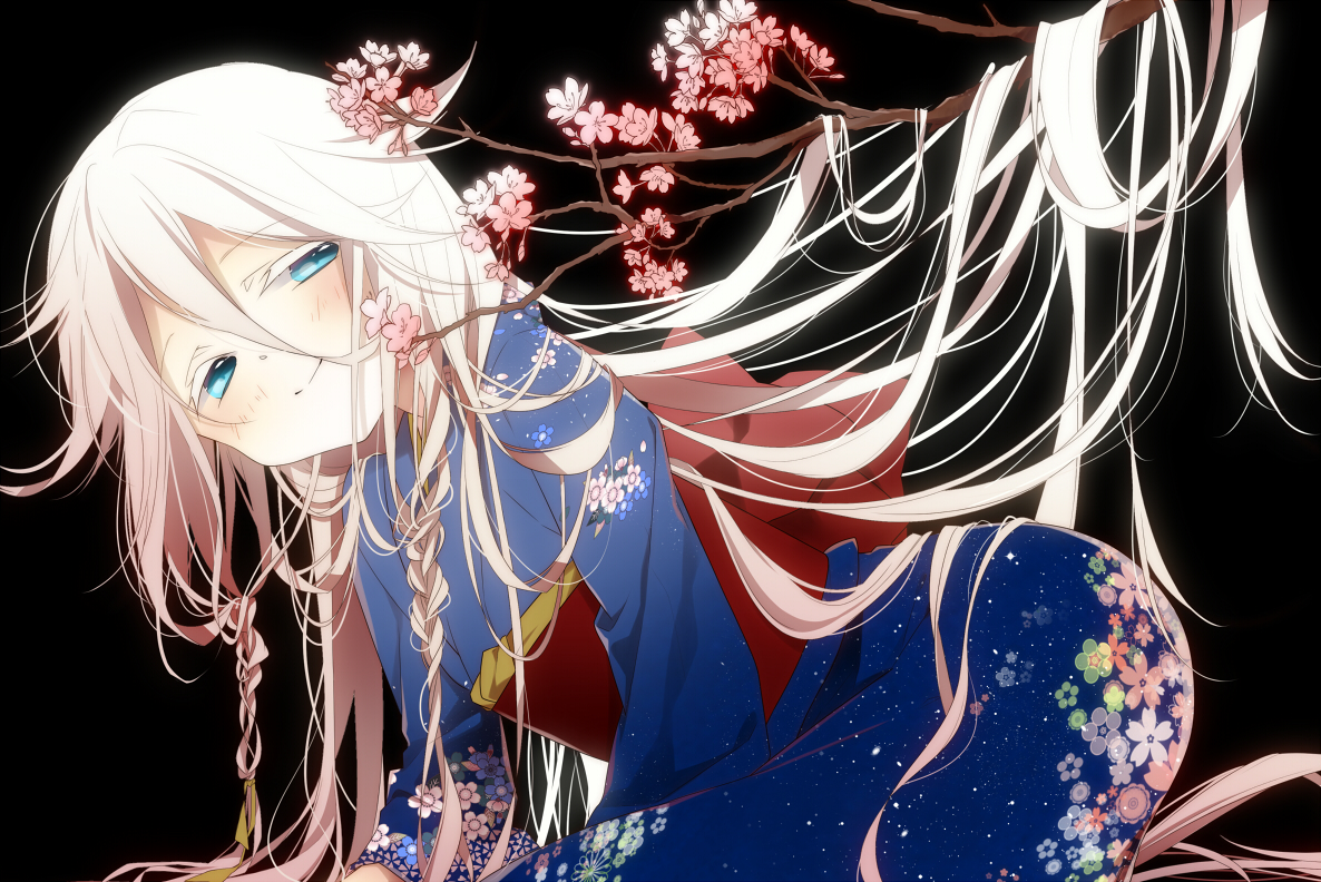 blue_eyes, braids, cherry_blossoms, flowers, ia, japanese_clothes, kimono, naoto_(tulip)