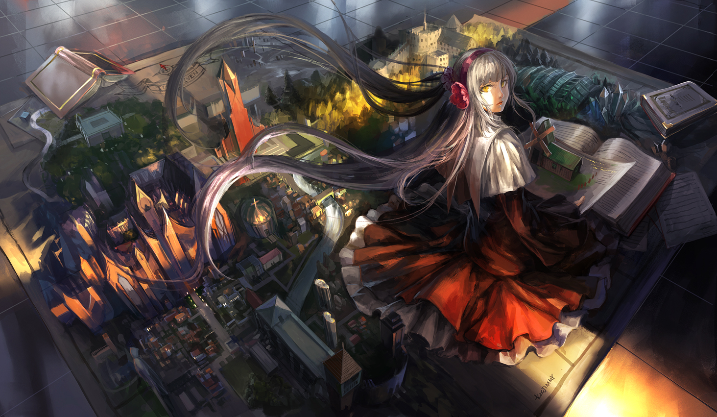 book, building, city, dress, gray_hair, headband, kzcjimmy, long_hair