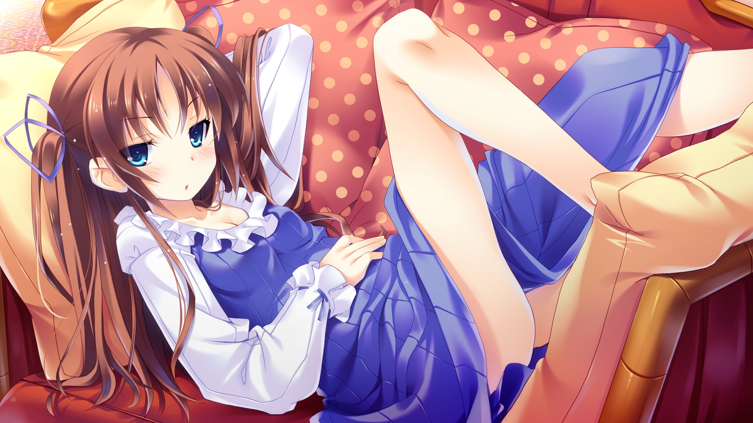 blue_eyes, blush, brown_hair, dress, game_cg, guardian_place, long_hair, ootori_aoi