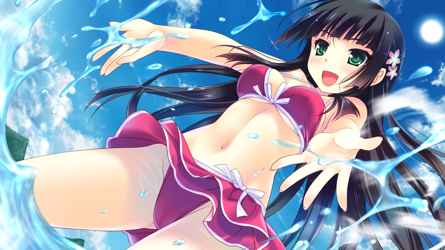 bikini, black_hair, game_cg, green_eyes, guardian_place, long_hair, saeki_hokuto, skyfish, suminoin_ouka, swimsuit, water