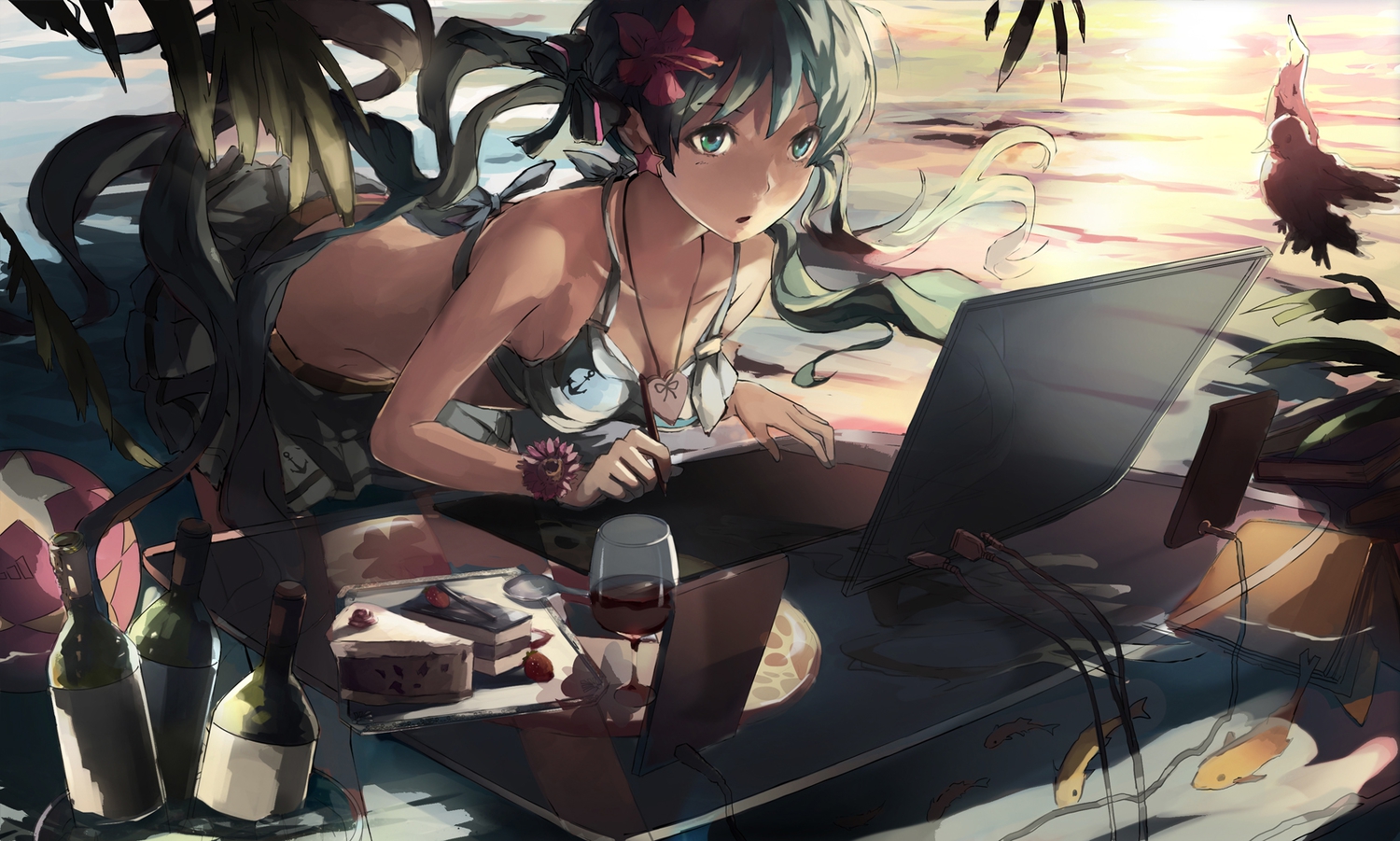 7th_dragon, 7th_dragon_2020, animal, beach, bikini_top, bird, book, cake, computer, drink, fish, food, hatsune_miku, necklace, ooi_choon_liang, skirt, twintails, vocaloid