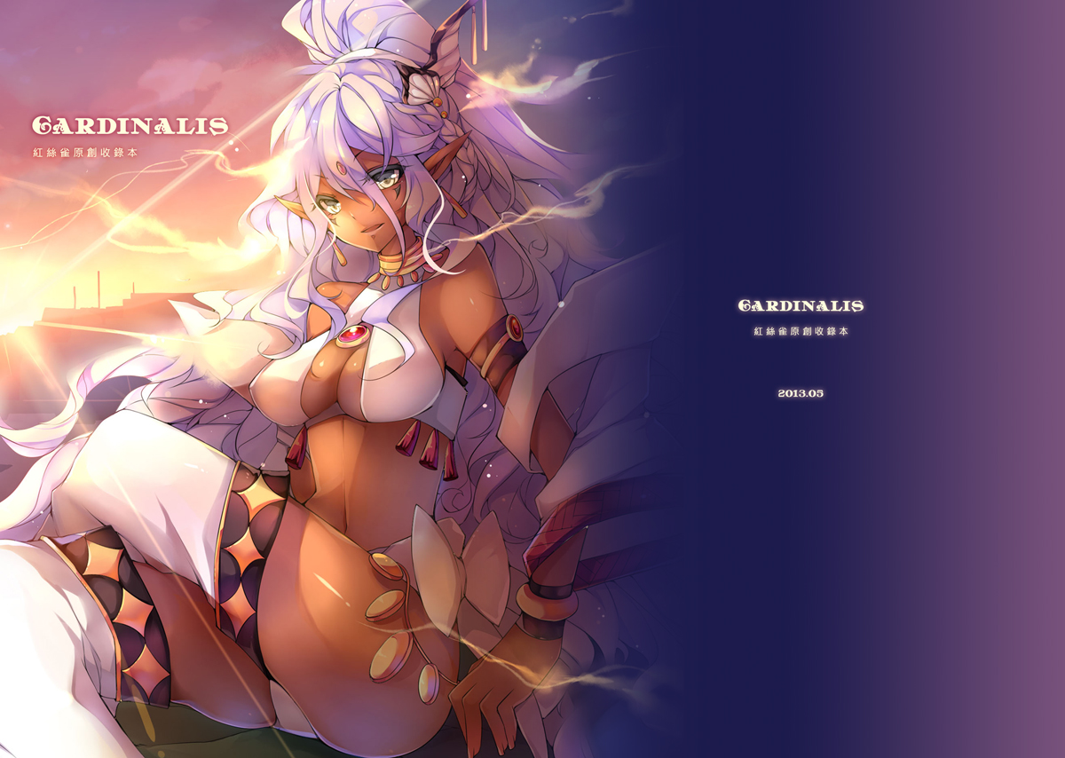 breasts, cleavage, dark_skin, navel, original, pointed_ears, red_silk_bird, white_hair