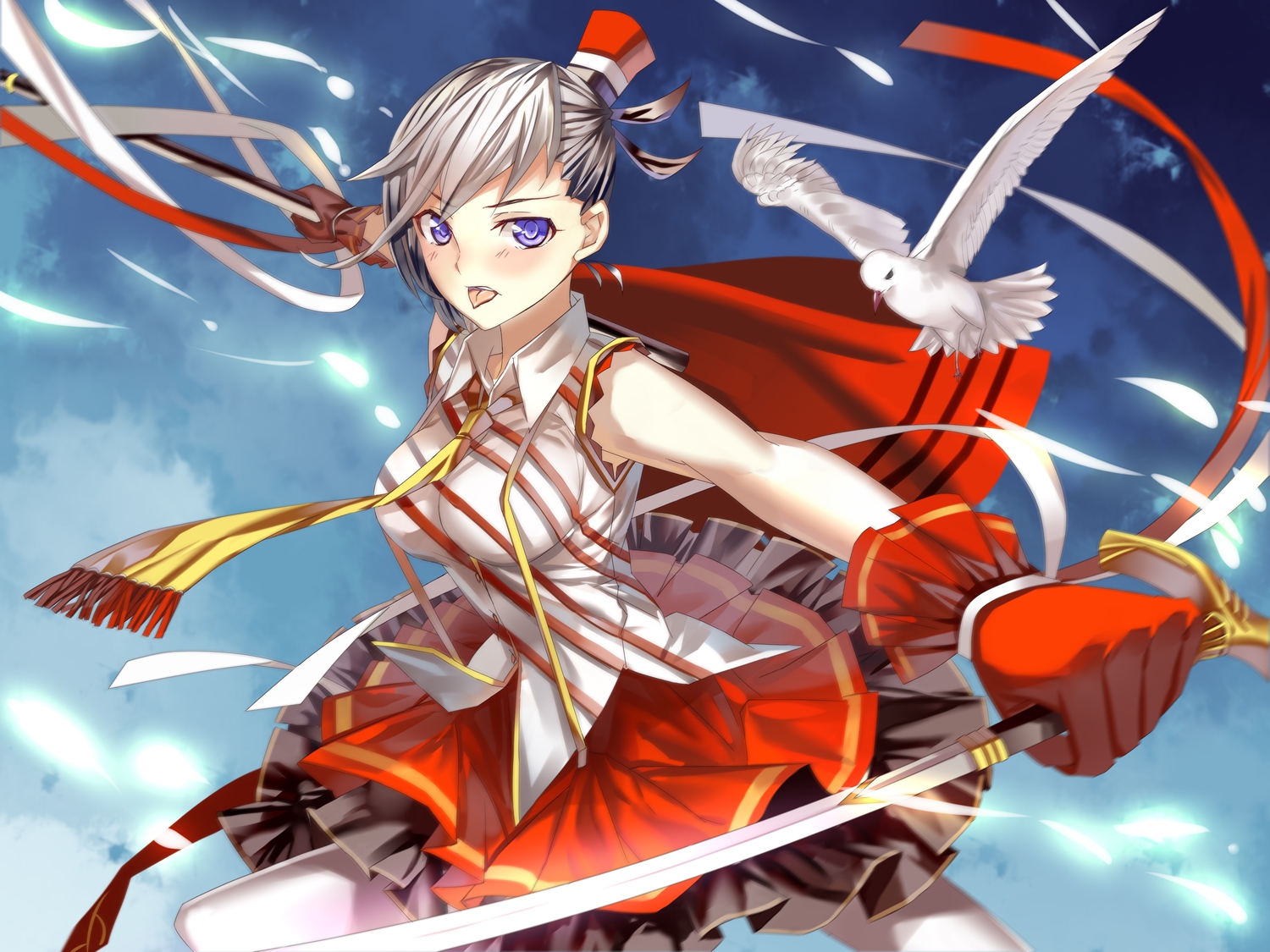 animal, bird, blue_eyes, miyazaki_byou, original, ribbons, short_hair, sword