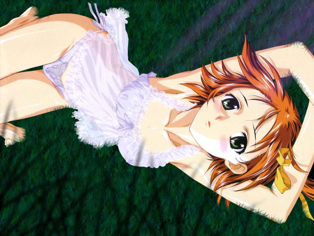 breasts, cleavage, grass, green_eyes, hosoda_naoto, orange_hair, panties, raimuiro_senkitan
