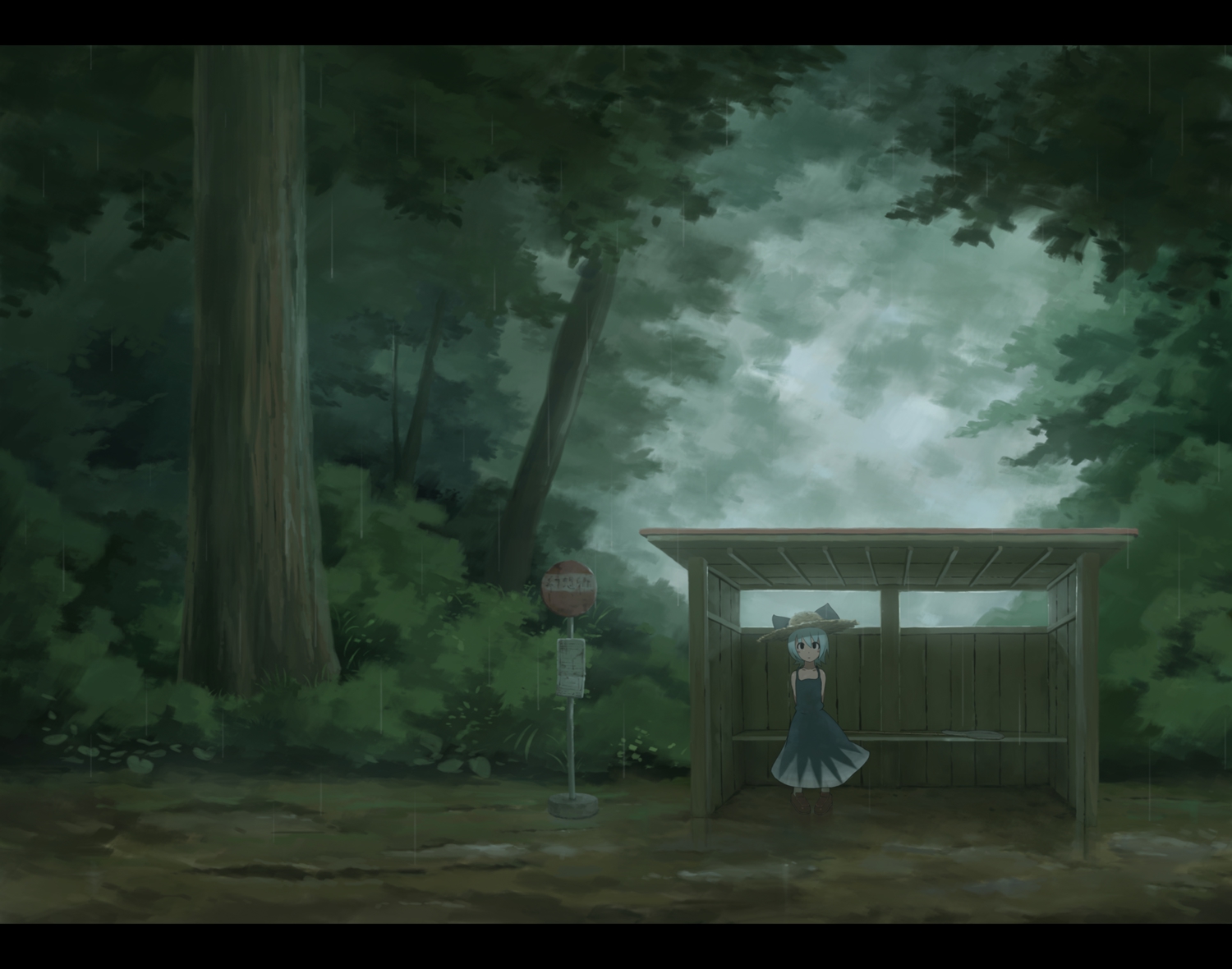 animated, blue_hair, cirno, dress, forest, hat, rain, sasajqazwsx, short_hair, touhou, tree, water