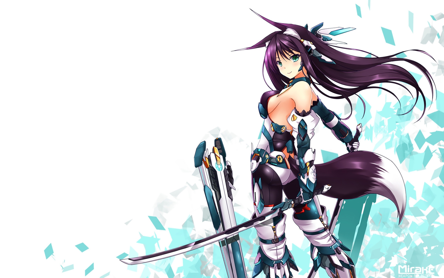 animal_ears, black_hair, bodysuit, fatkewell, jpeg_artifacts, long_hair, original, skintight, sword, tail, weapon