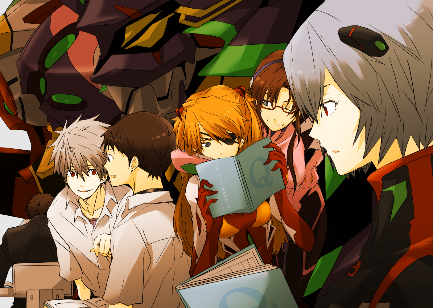 ayanami_rei, bodysuit, book, eyepatch, glasses, hug, ikari_gendo, ikari_shinji
