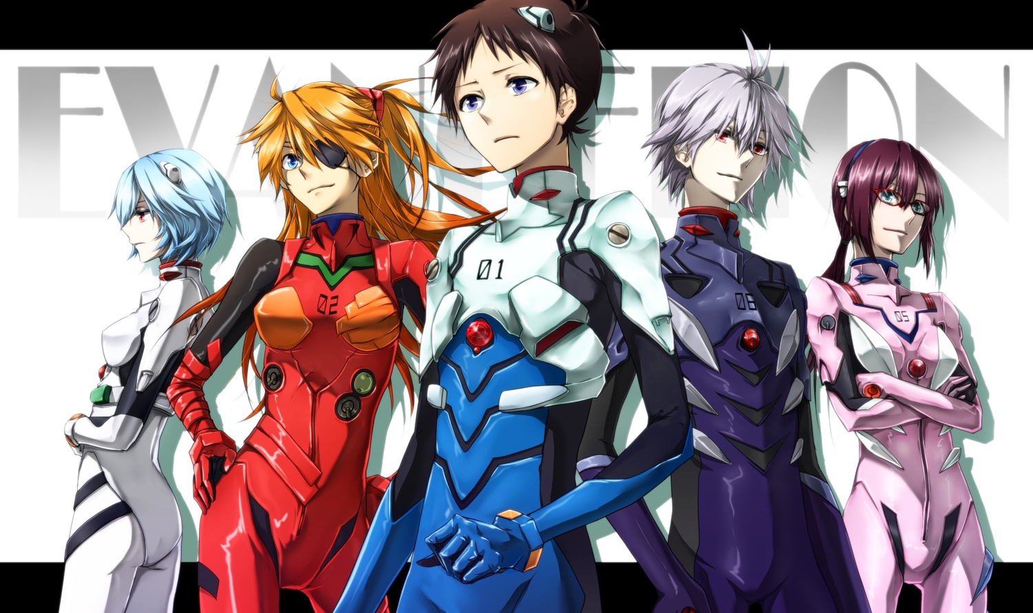 ayanami_rei, bodysuit, hukkyunzzz, ikari_shinji, makinami_mari_illustrious, nagisa_kaworu, neon_genesis_evangelion, skintight