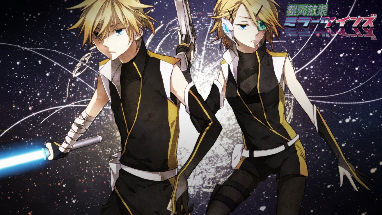 aliasing, gun, hukkyunzzz, kagamine_len, kagamine_rin, male, sword, vocaloid