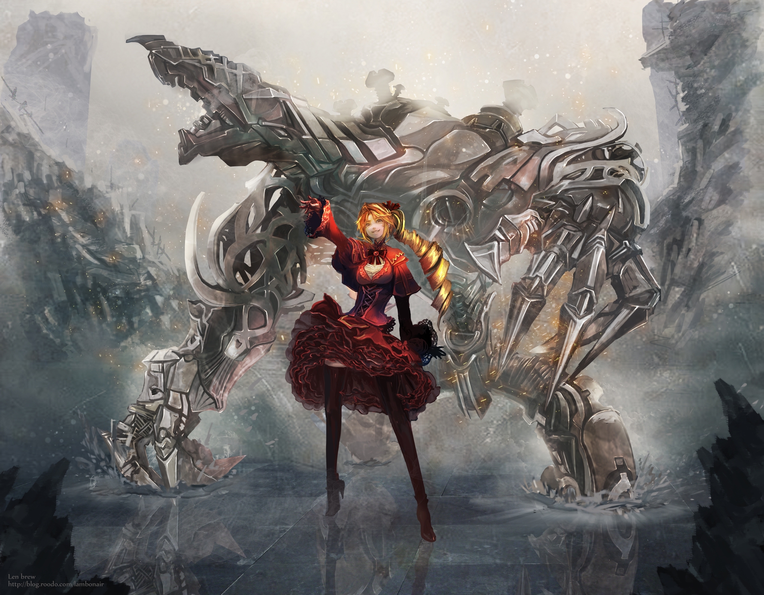 blonde_hair, dress, len_brew, mecha, original