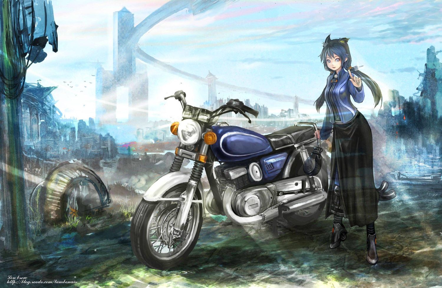 animal_ears, jpeg_artifacts, len_brew, motorcycle, original, twintails