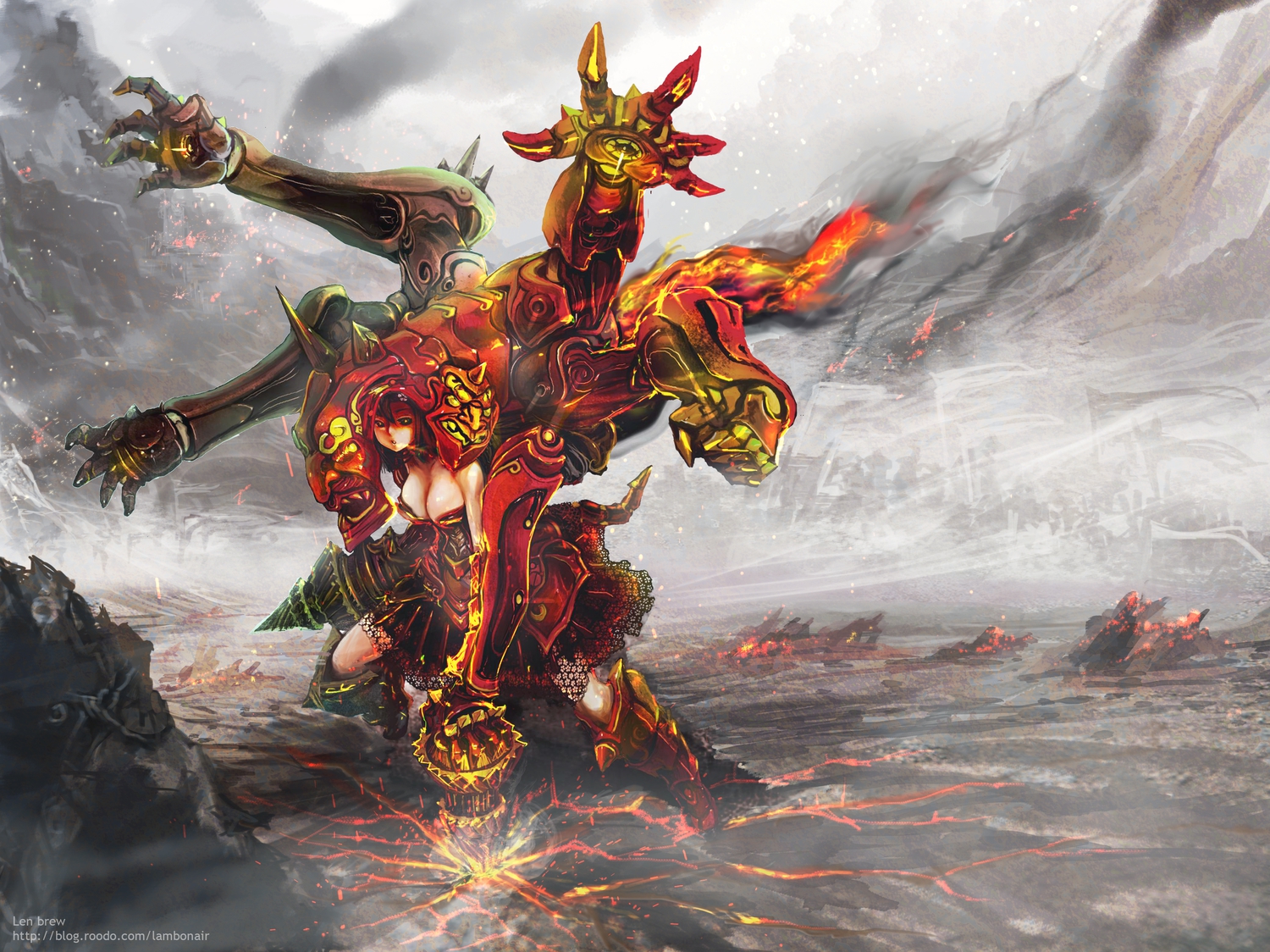 breasts, cleavage, fire, jpeg_artifacts, len_brew, mechagirl, original