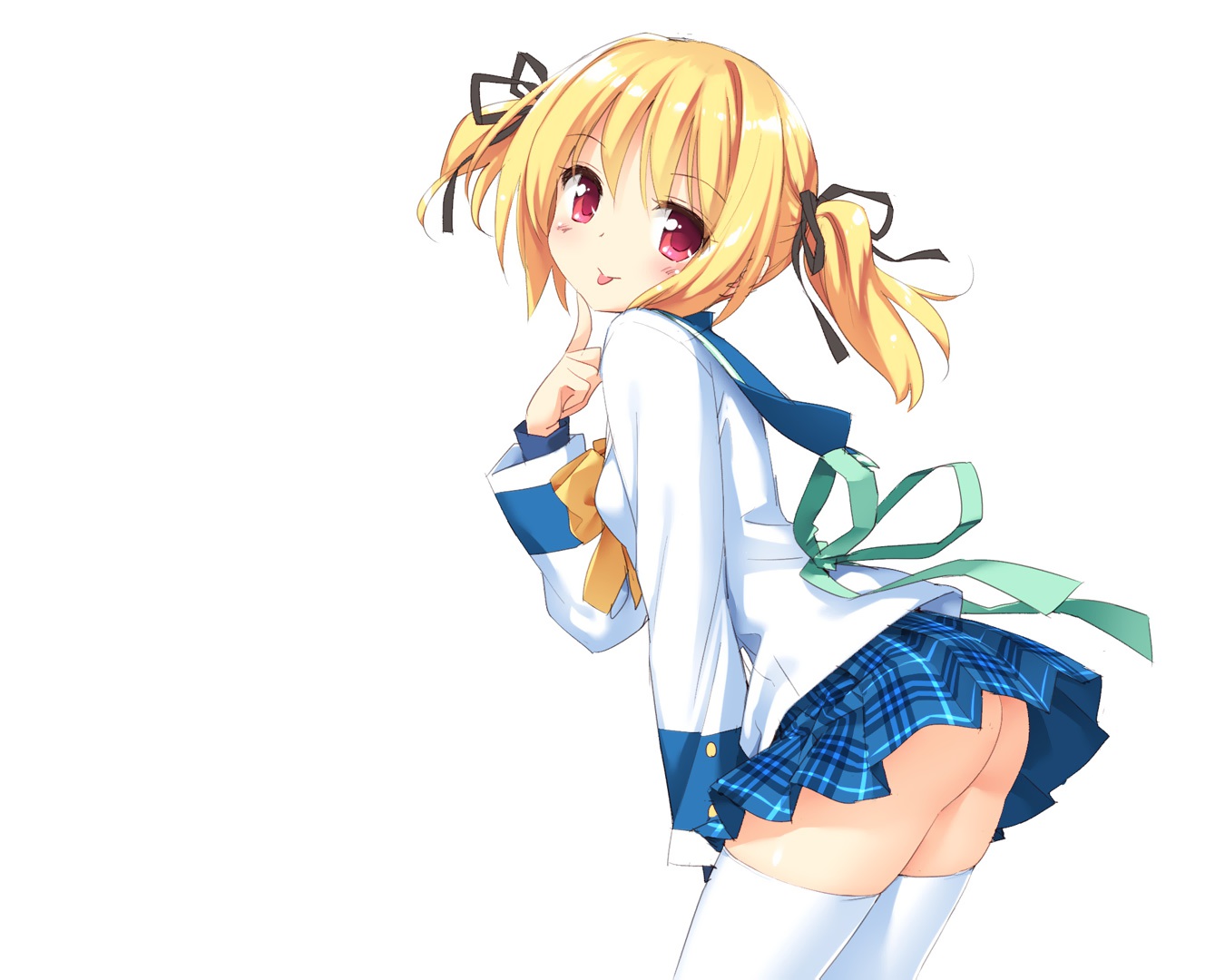 blonde_hair, blush, clover_point, kani_biimu, nopan, red_eyes, school_uniform, skirt, takanashi_yaya, thighhighs, twintails, upskirt, white