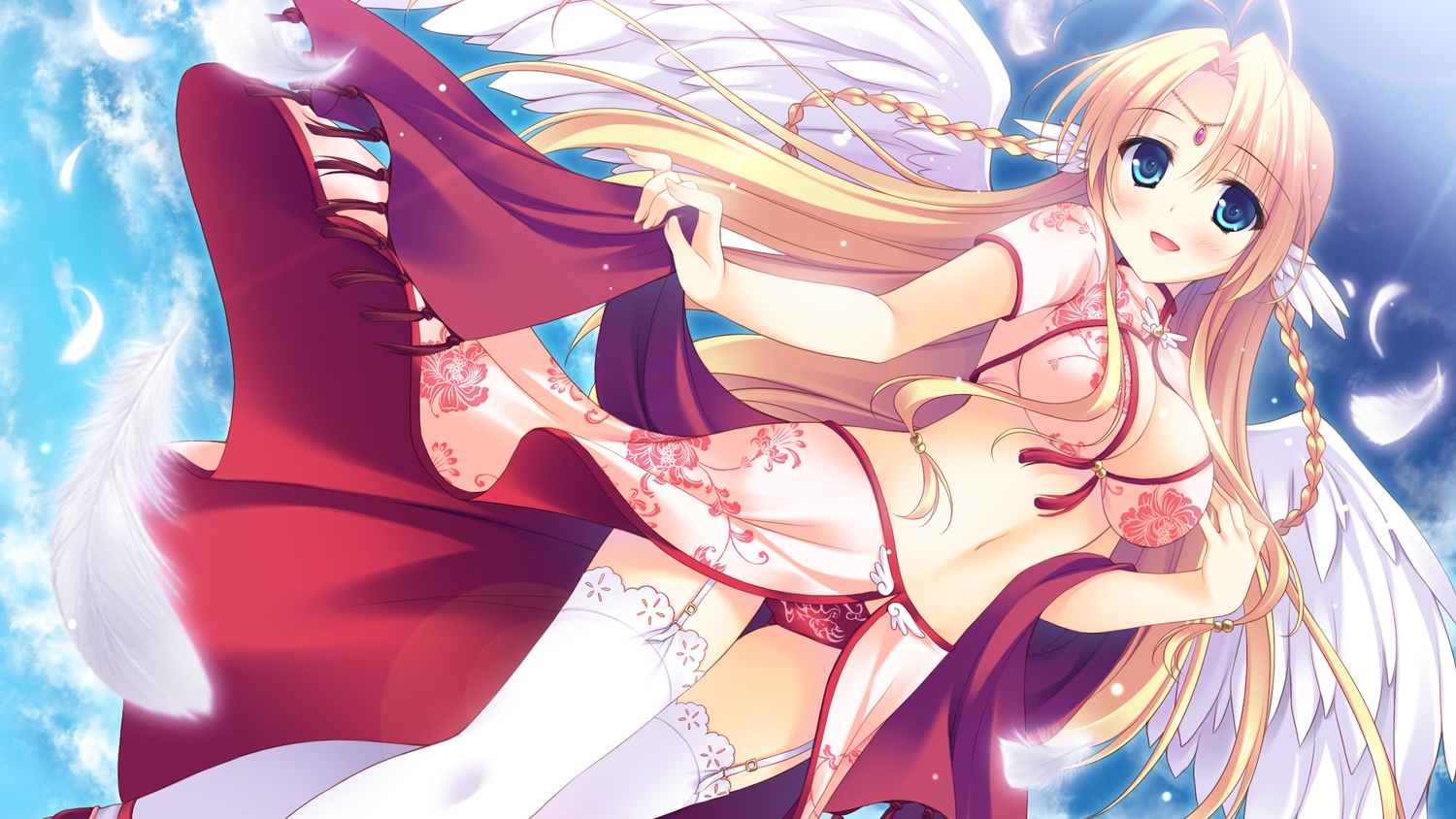 blonde_hair, feathers, game_cg, guardian_place, long_hair, skyfish, stockings, tagme, wings