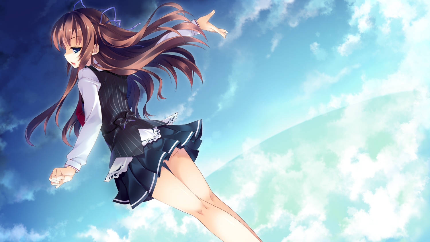 brown_hair, game_cg, guardian_place, long_hair, ootori_aoi, school_uniform, sky, skyfish