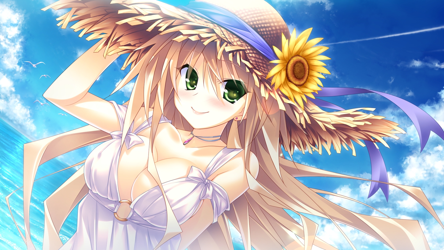 animal, bird, blonde_hair, dress, flowers, game_cg, guardian_place, hat, hibarigaoka_itsuki, hinata_mutsuki, long_hair, sky, skyfish, summer_dress, sunflower