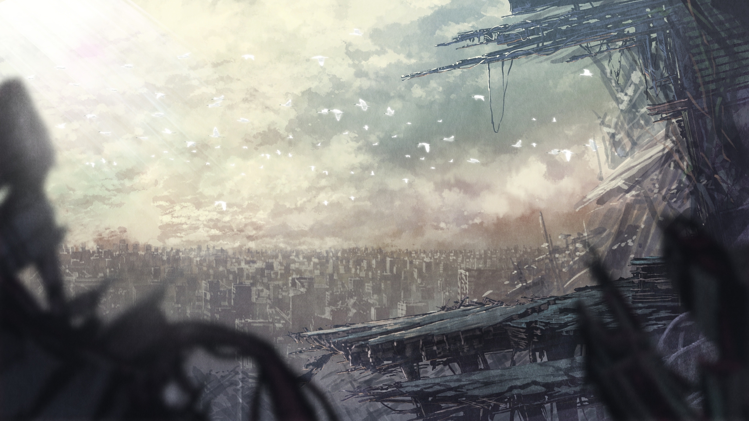 animal, bird, city, original, ruins, senko_doki