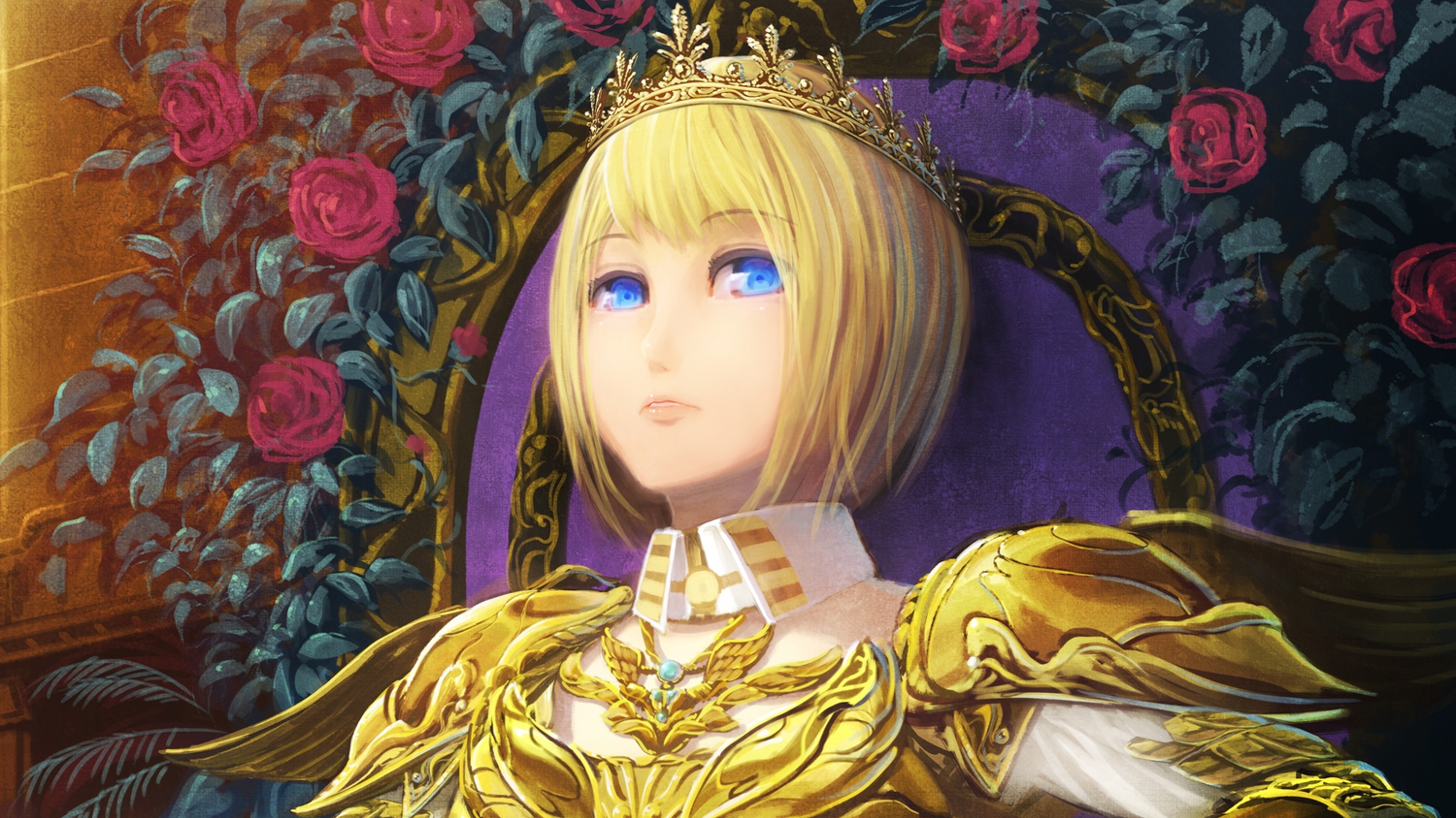 armor, blonde_hair, blue_eyes, crown, flowers, original, rose, senko_doki, short_hair