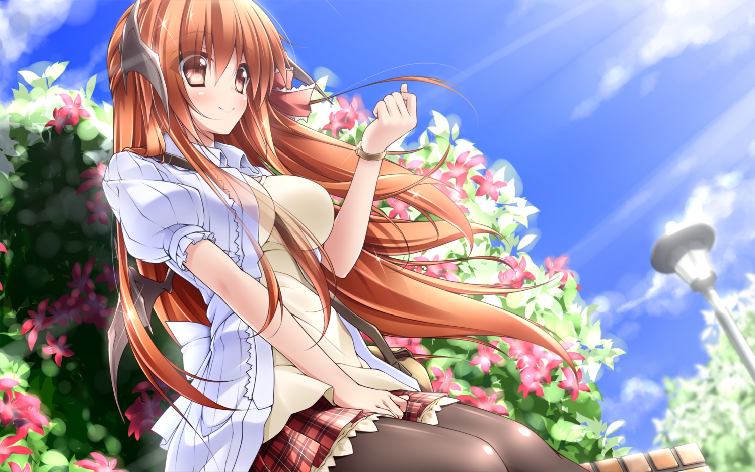 animal_ears, brown_hair, demon, flowers, koakuma, long_hair, midoriiro_no_shinzou, touhou, wings