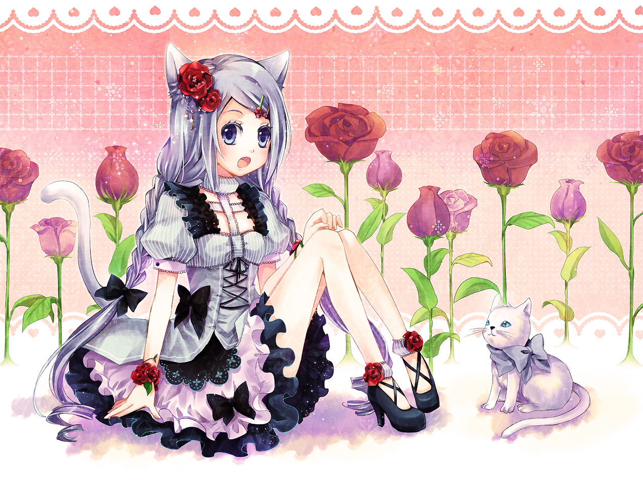 animal, animal_ears, bow, braids, cat, catgirl, dress, fang, flowers, momoko_(momoko14), original, rose, tail