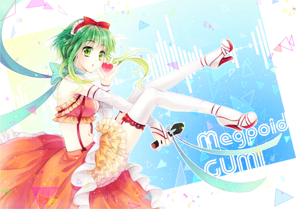 gumi, microphone, momoko_(momoko14), navel, stockings, vocaloid