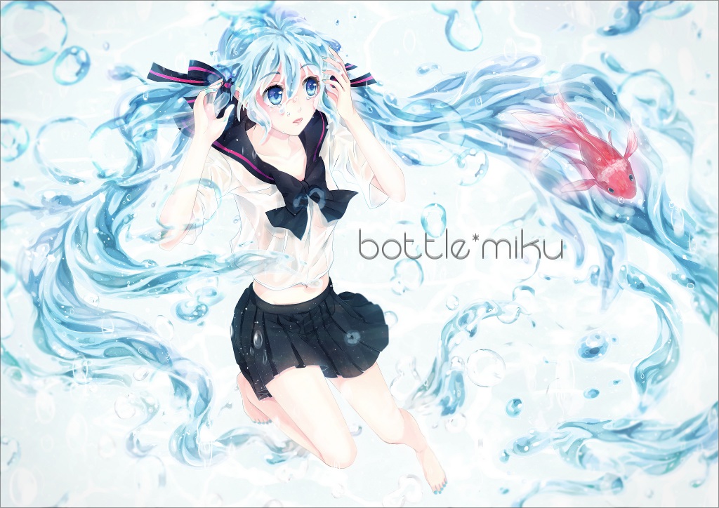 animal, barefoot, bottle_miku, fish, hatsune_miku, momoko_(momoko14), school_uniform, vocaloid