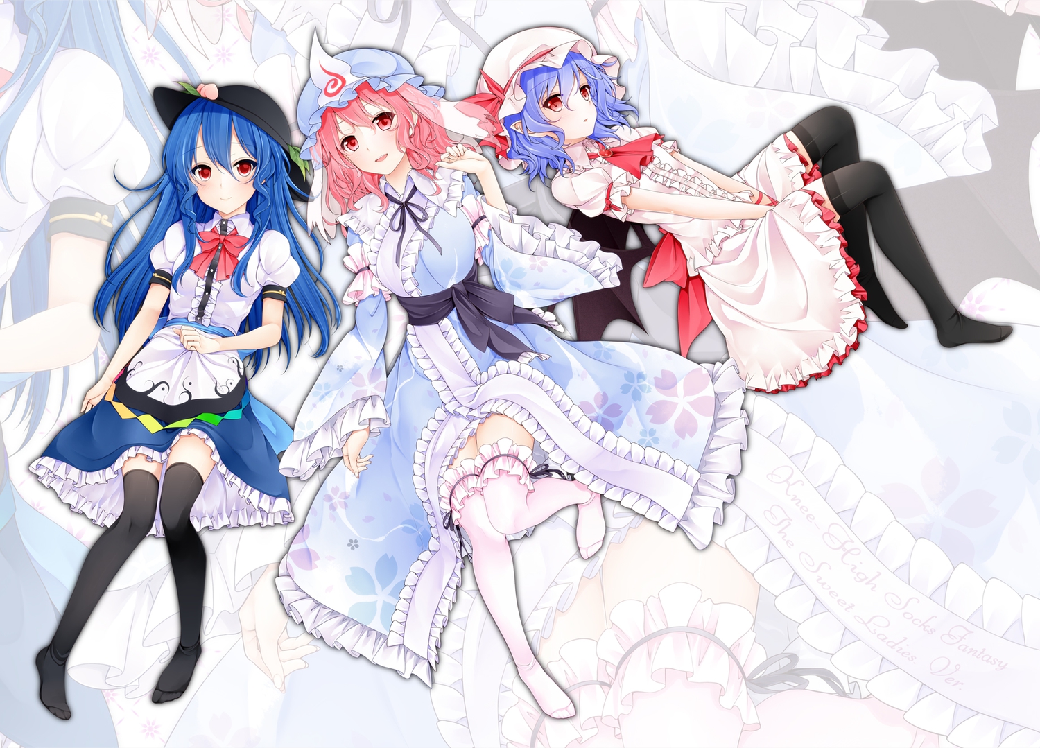 blue_hair, dress, hat, hinanawi_tenshi, red_eyes, remilia_scarlet, saigyouji_yuyuko, suzume_miku