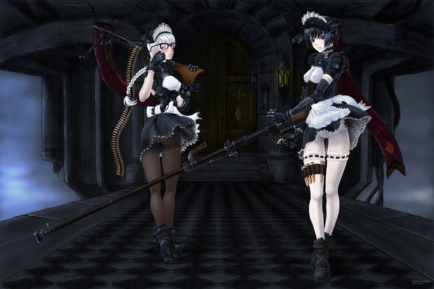 2girls, bittersweet6968, glasses, gun, headdress, maid, original, panties, pantyhose, thighhighs, underwear, weapon