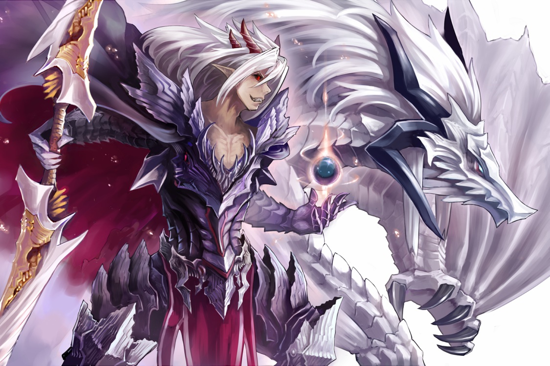 all_male, armor, dragon, horns, kamiya_tomohiro, male, original, pixiv_fantasia, pointed_ears, red_eyes, weapon, white_hair