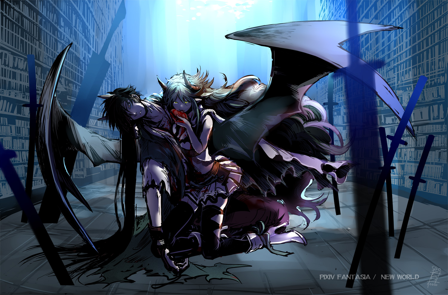 black_hair, blood, boots, brown_eyes, demon, gray_hair, green_eyes, horns, long_hair, original, pixiv_fantasia, pointed_ears, sakurai_(77777), skirt, sword, thighhighs, torn_clothes, weapon, wings