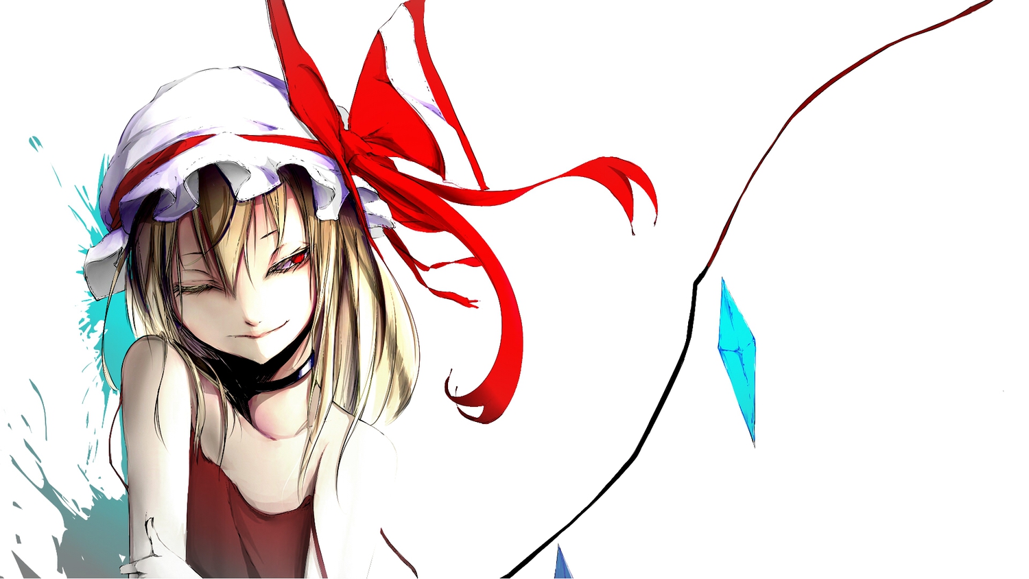 blonde_hair, flandre_scarlet, red_eyes, short_hair, touhou, vampire, white, wings, wink, yugeoryouki
