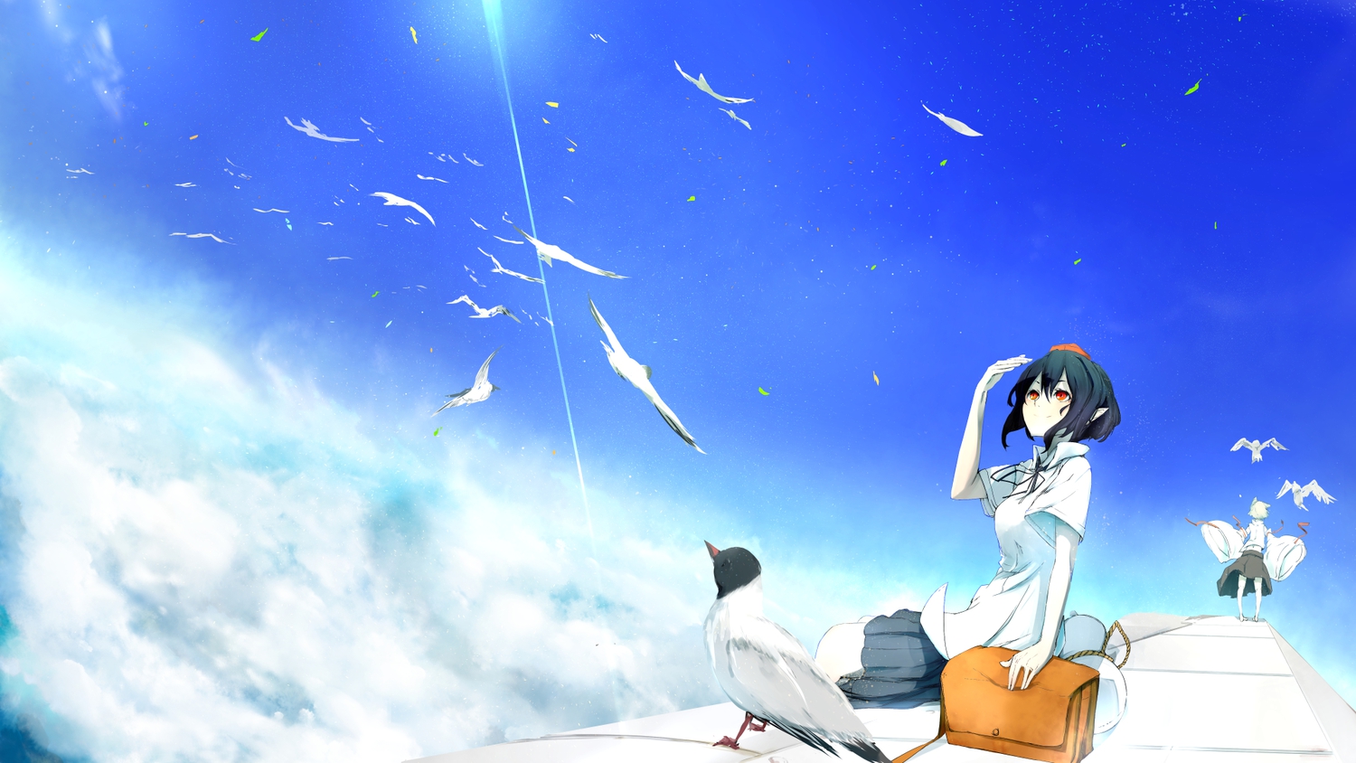 2girls, animal, animal_ears, bird, clouds, inubashiri_momiji, pointed_ears, shameimaru_aya