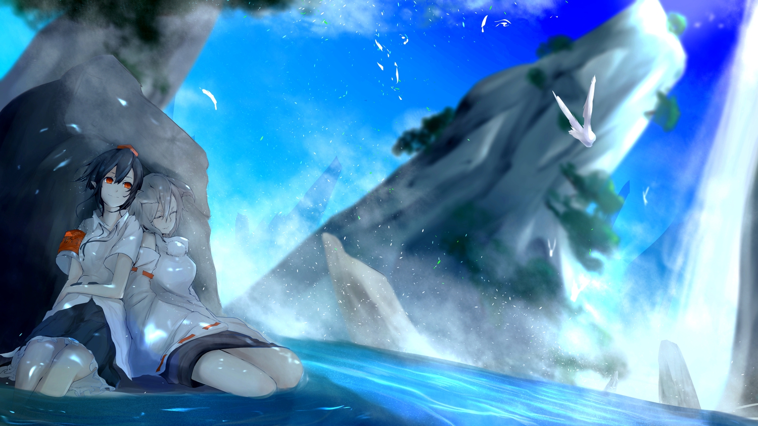 2girls, animal_ears, inubashiri_momiji, pointed_ears, shameimaru_aya, sleeping, touhou, water