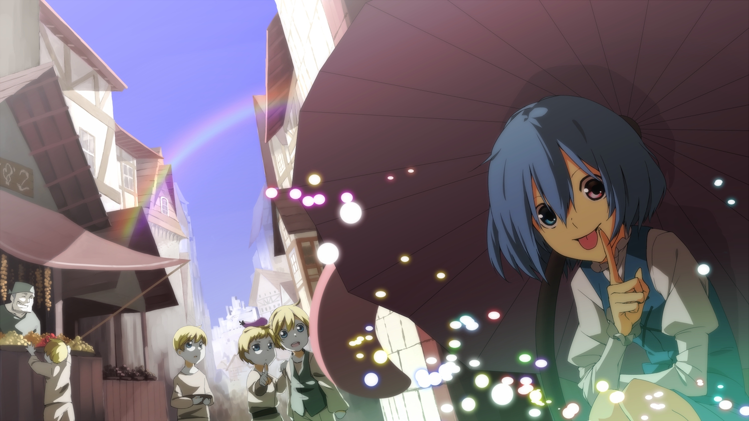 bicolored_eyes, blue_eyes, blue_hair, rainbow, seu_(hutotomomo), short_hair, tatara_kogasa, touhou