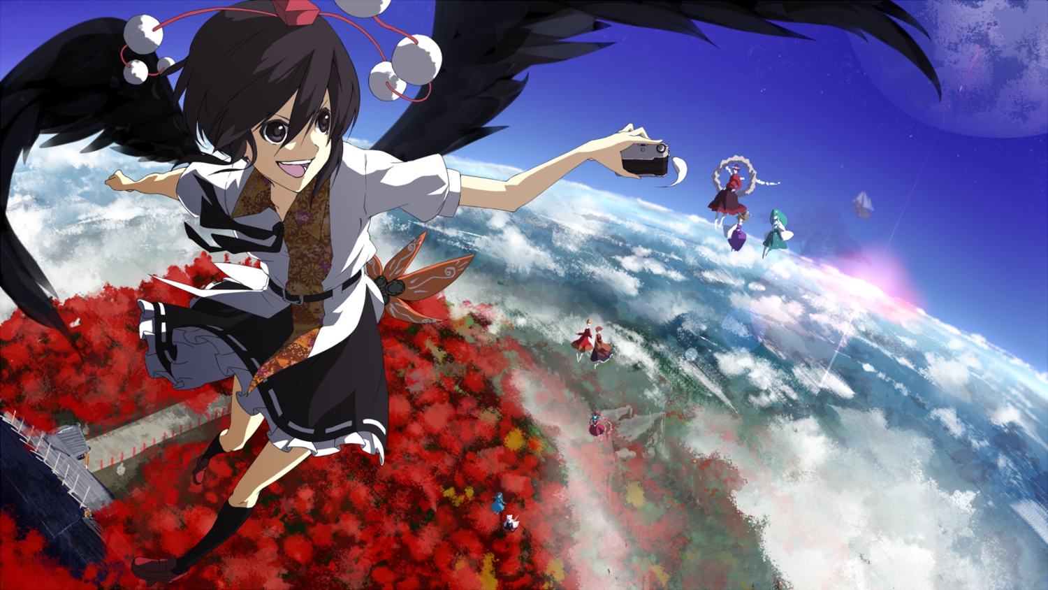 aki_minoriko, aki_shizuha, camera, clouds, forest, group, inubashiri_momiji, japanese_clothes