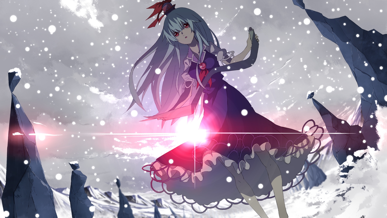 clouds, dress, hat, kamishirasawa_keine, seu_(hutotomomo), sky, snow, sunset