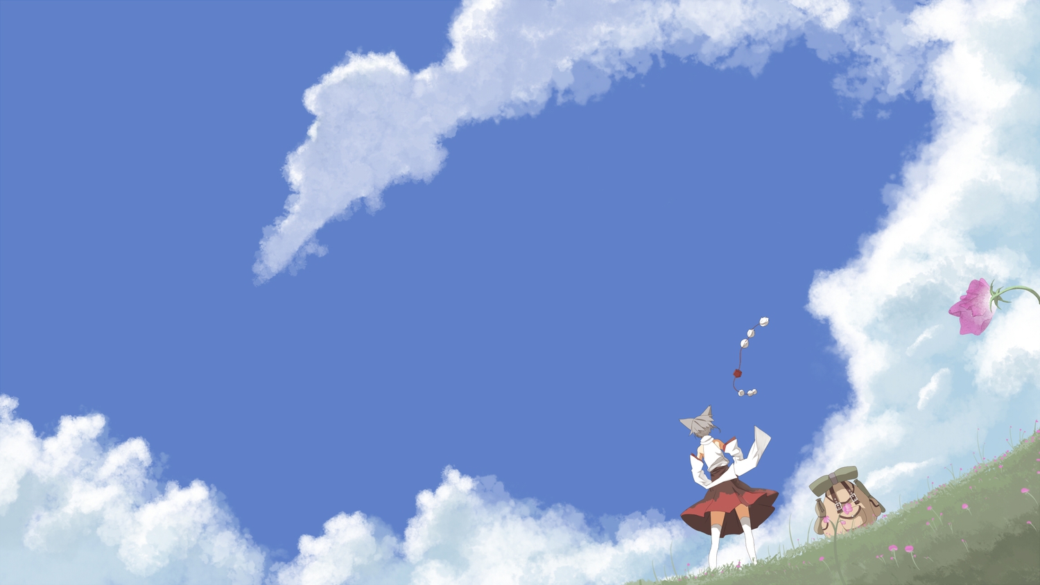 animal_ears, clouds, flowers, grass, inubashiri_momiji, scenic, seu_(hutotomomo), skirt