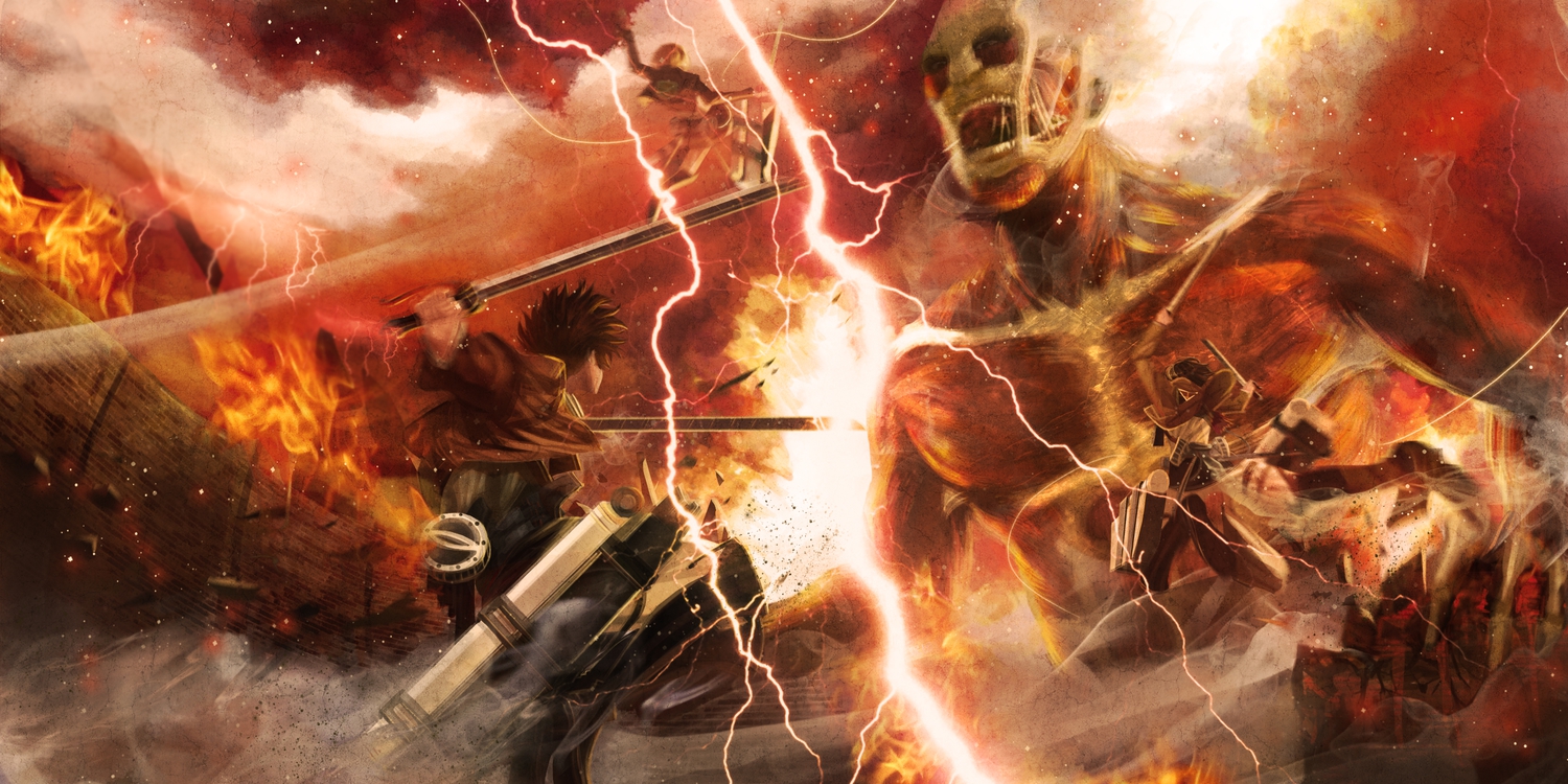 armin_arlert, chouwaru_rose, colossal_titan, eren_jaeger, fire, mikasa_ackerman, shingeki_no_kyojin, sword, uniform, weapon
