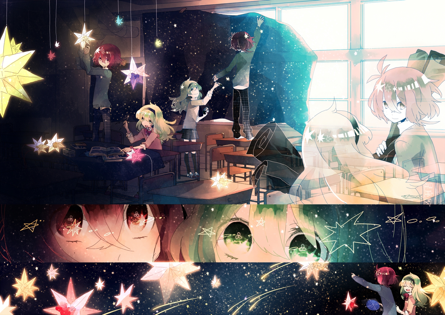 green_eyes, green_hair, headband, maple_(cyakapon), original, paper, red_eyes, red_hair, school_uniform, space, stars