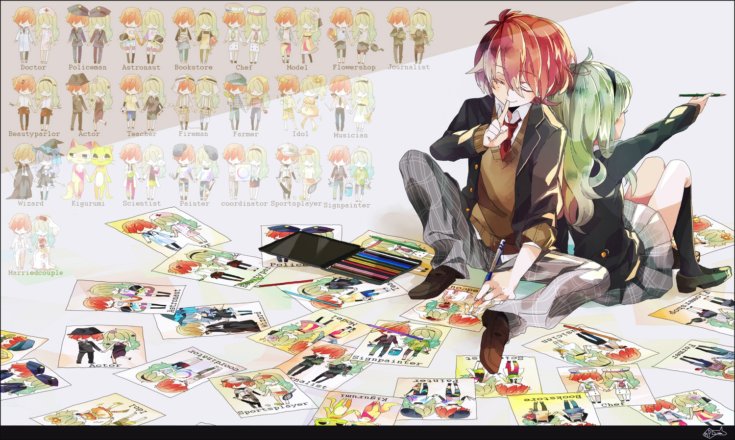 chibi, green_hair, maple_(cyakapon), original, paper, red_hair, school_uniform