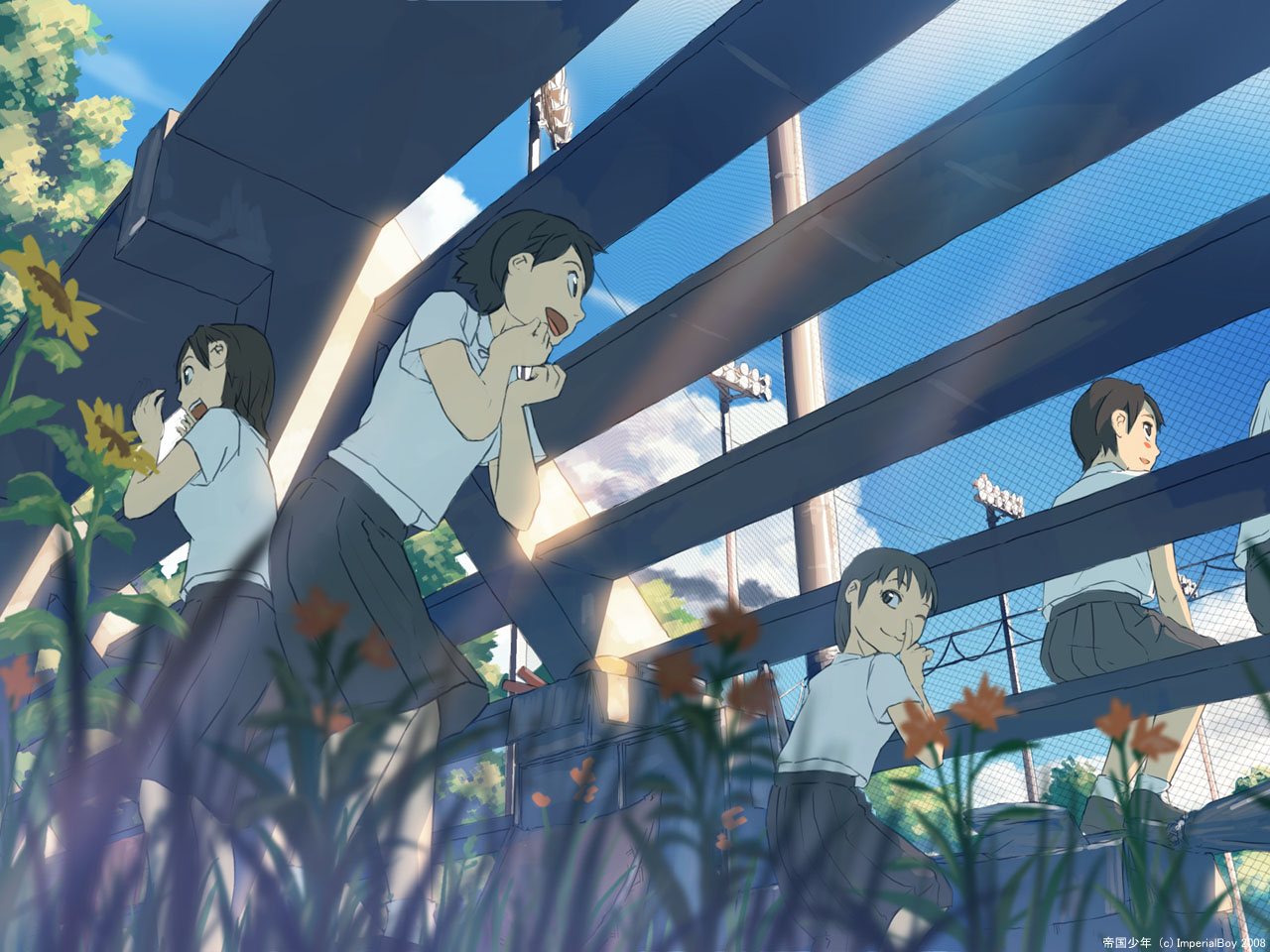 clouds, flowers, grass, jpeg_artifacts, original, school_uniform, shade, sky