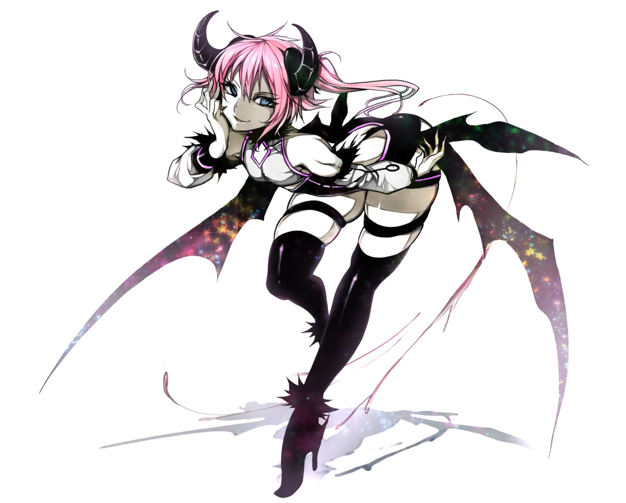 blue_eyes, horns, kazutani_ninshi, original, pink_hair, thighhighs, white