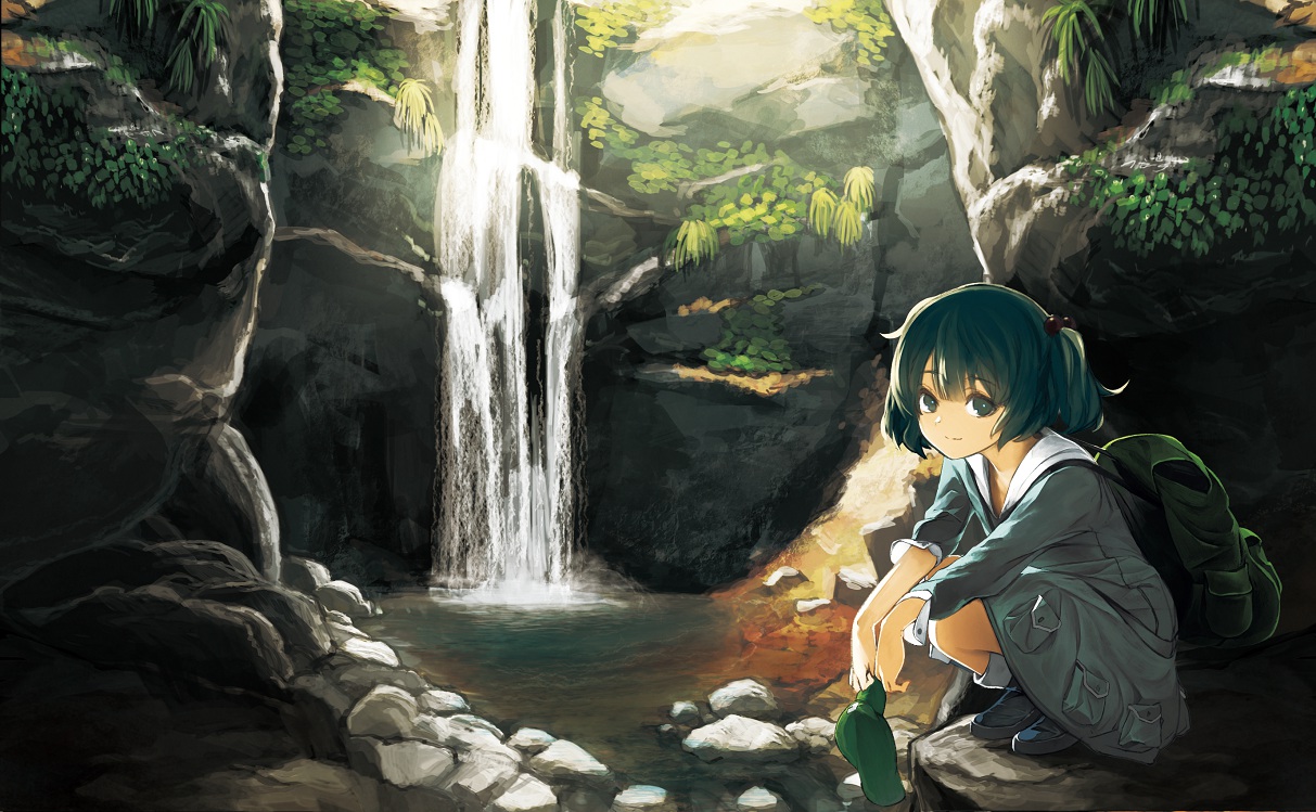 kawashiro_nitori, kitsune_(kazenouta), school_uniform, touhou, water, waterfall