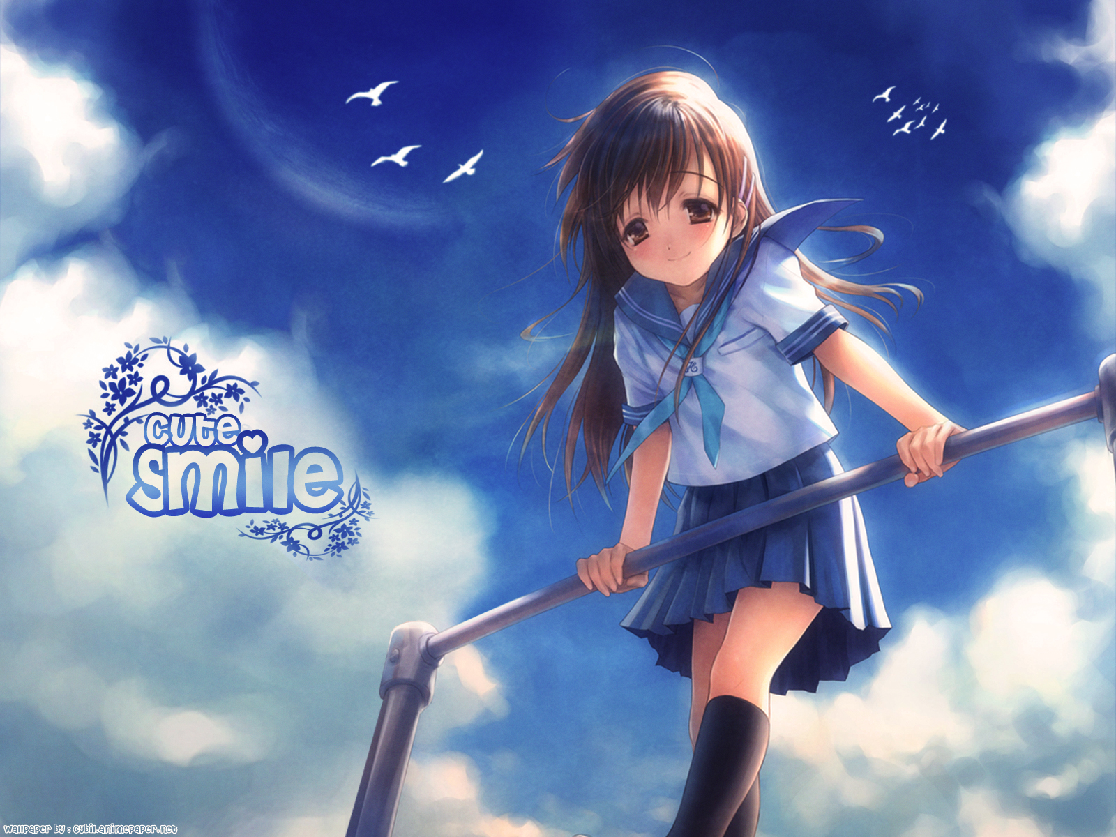 animal, bird, brown_eyes, brown_hair, clouds, goto_p, kneehighs, loli
