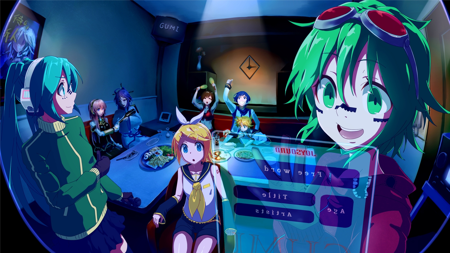 akabane_daisuke, drink, food, goggles, group, gumi, hatsune_miku, kagamine_len, kagamine_rin, kaito, kamui_gakupo, male, matryoshka_(vocaloid), megurine_luka, meiko, microphone, vocaloid