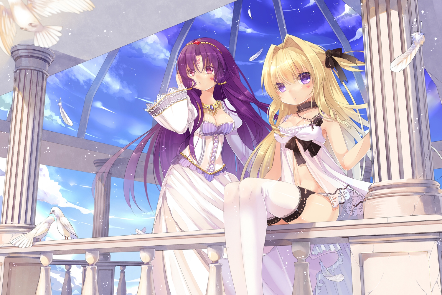 2girls, animal, bird, blonde_hair, breasts, choker, cleavage, delores_(mvv), dress, eleanor_(mvv), feathers, mvv, necklace, original, purple_eyes, purple_hair, thighhighs
