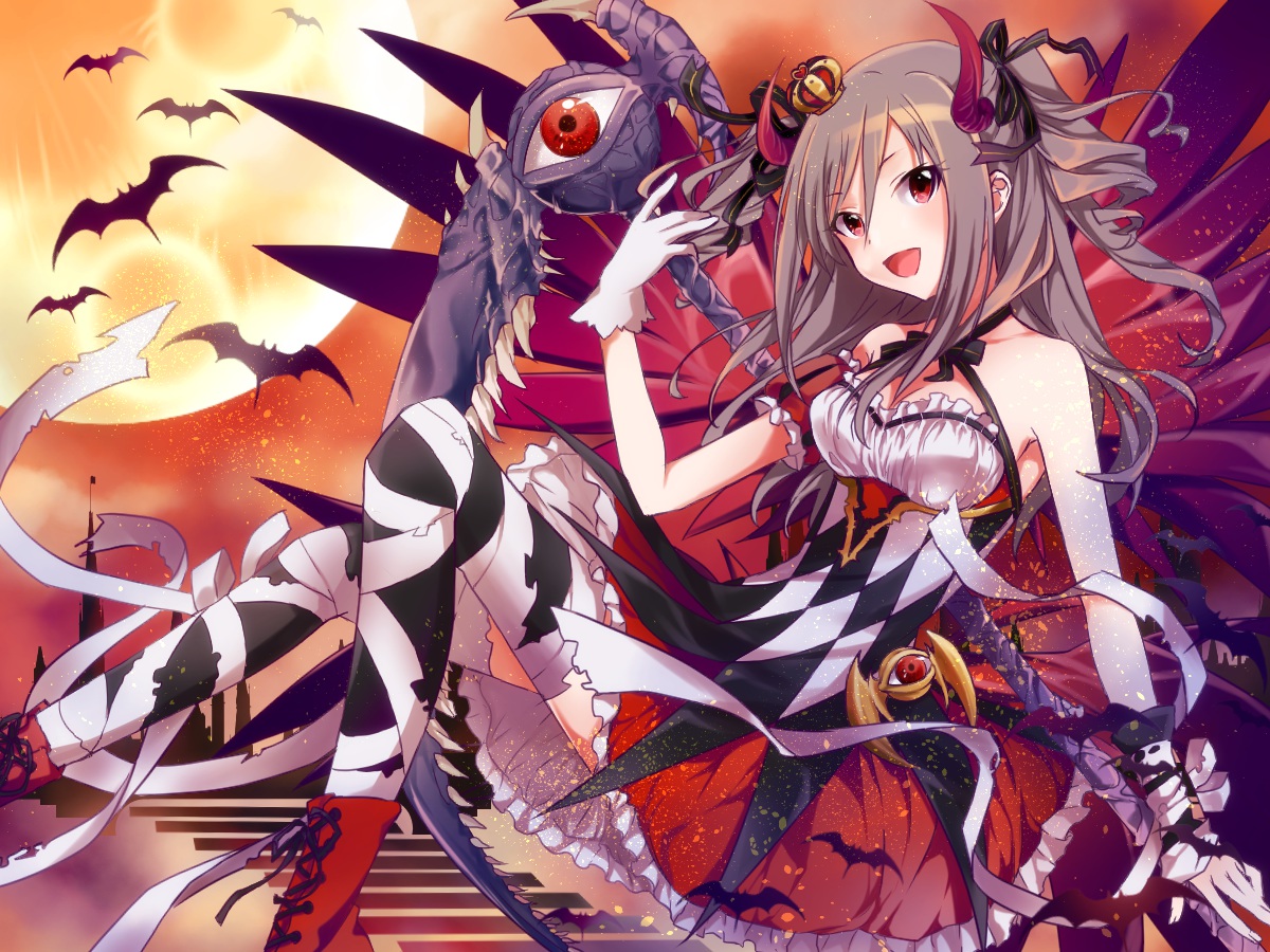 animal, bat, idolmaster, idolmaster_cinderella_girls, kanzaki_ranko, moon, scythe, thighhighs, tsukasa_kinako, weapon, wings