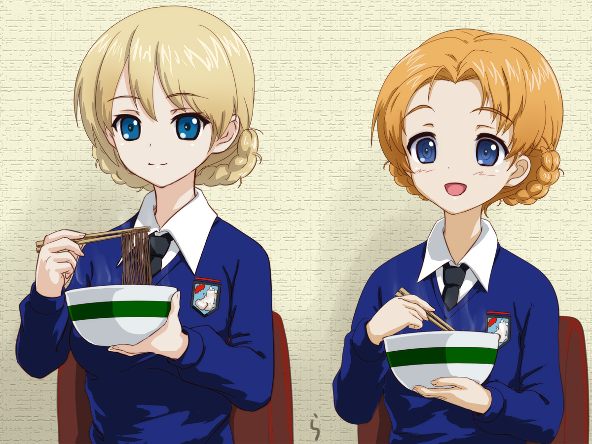 2girls, darjeeling_(girls_und_panzer), food, girls_und_panzer, orange_pekoe_(girls_und_panzer), rasukaru