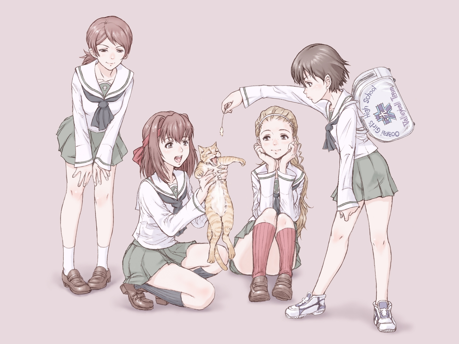 animal, cat, girls_und_panzer, group, isobe_noriko, kawanishi_shinobu, kondou_taeko, sasaki_akebi