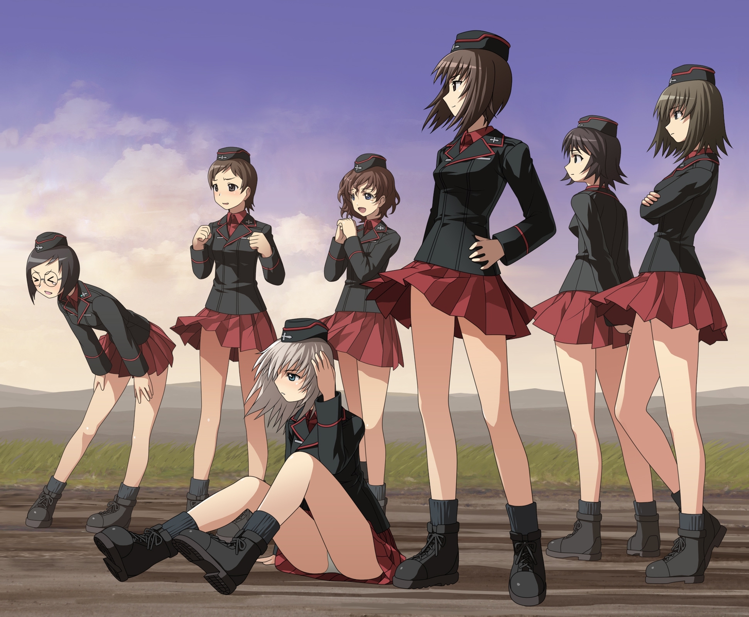 akaboshi_koume, geshiko_(girls_und_panzer), girls_und_panzer, itsumi_erika, nishizumi_maho, ritaiko_(girls_und_panzer), sangou_(girls_und_panzer), uniform
